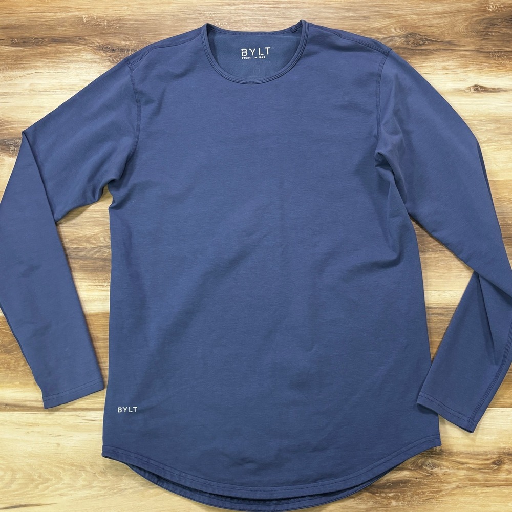 BYLT Drop Cut Long Sleeve Shirt M Blue Lux Blend Athletic Fit Curved Hem